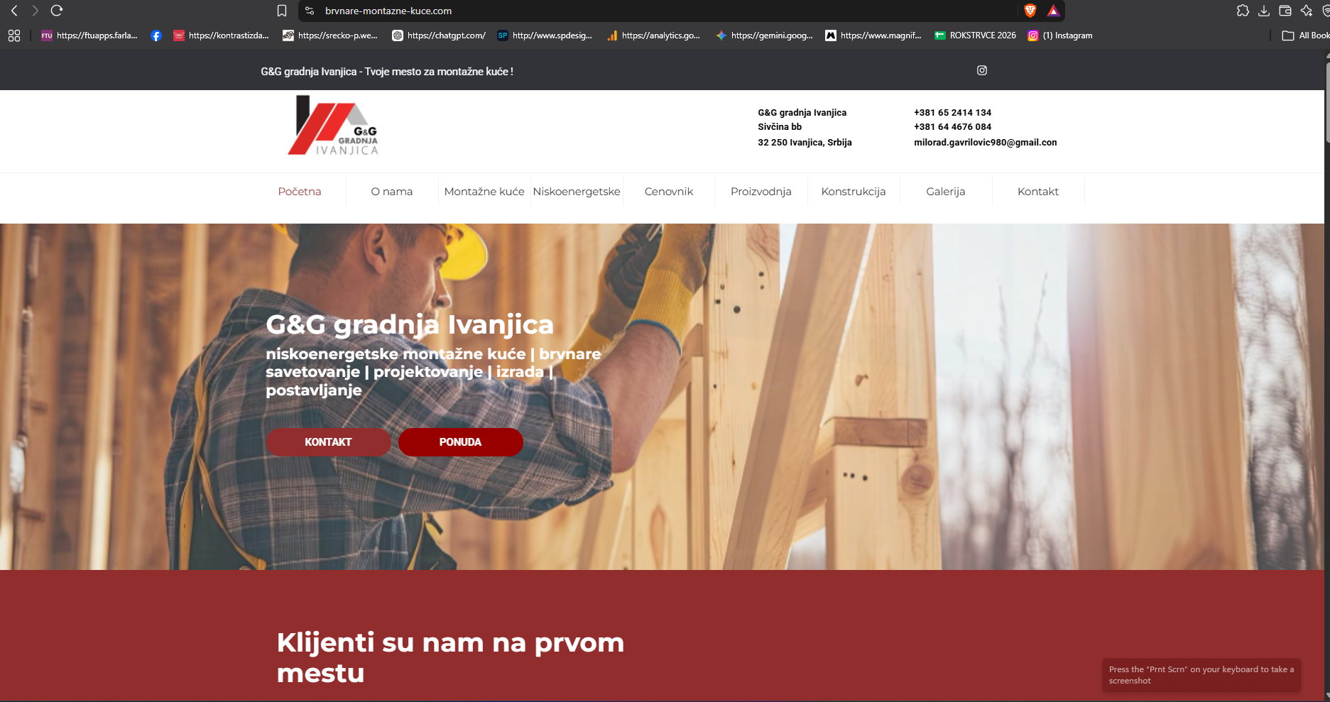 Snimak ekrana sajta G&G gradnja Ivanjica