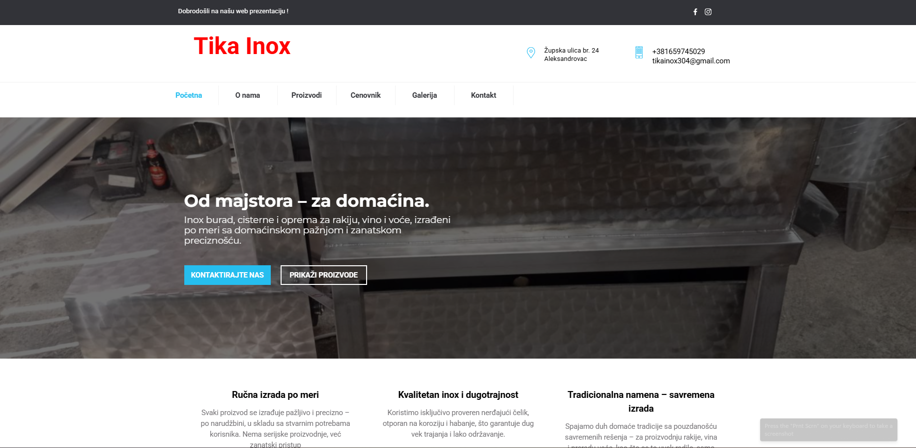 Snimak ekrana sajta Tika Inox