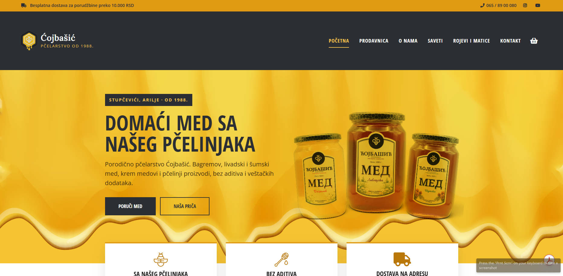 Snimak ekrana sajta Pčelarstvo Ćojbašić – online prodavnica meda